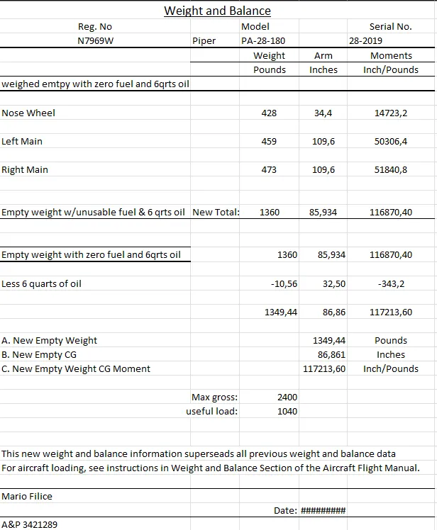 N7969W Weight and Balance Spreadsheet
